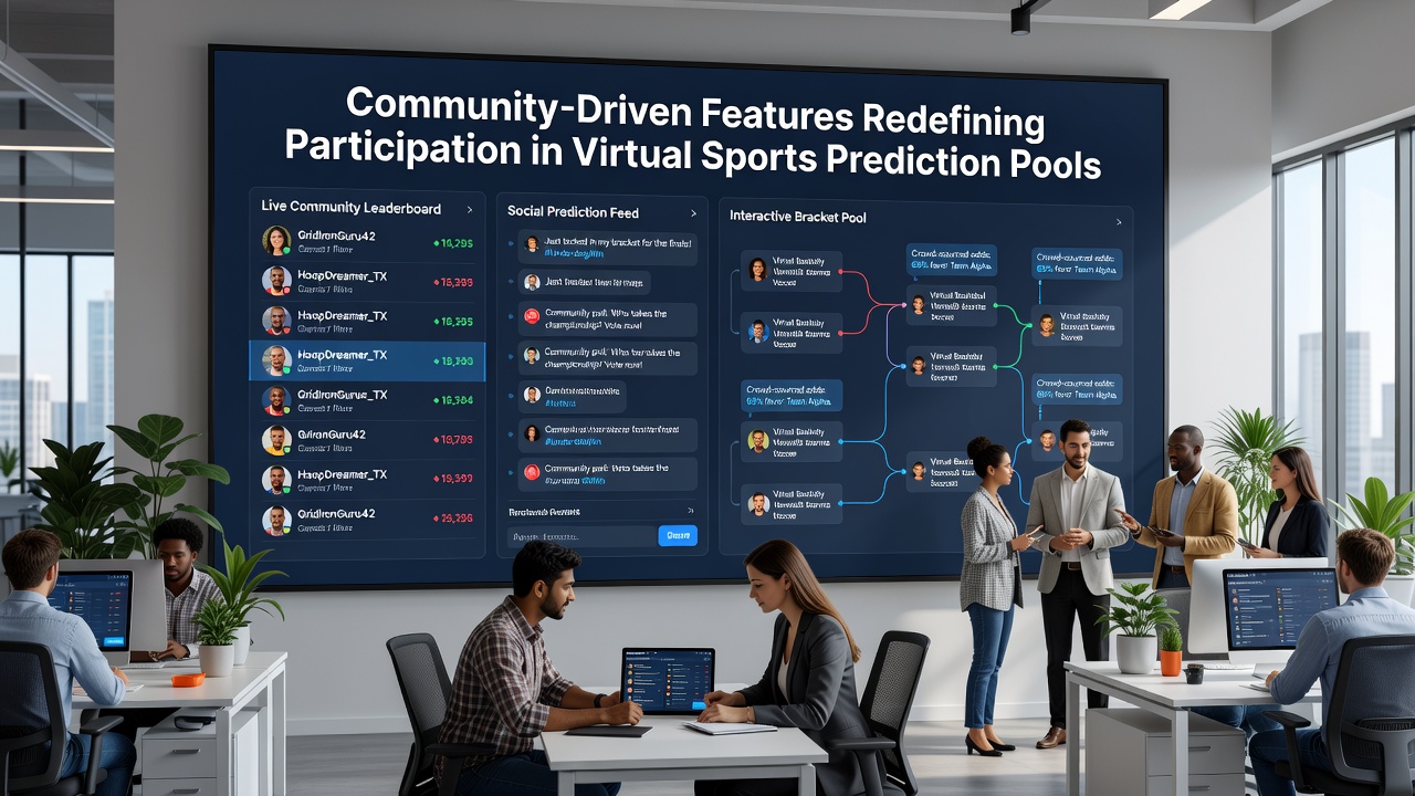 Community dashboard showing shared predictions and group leaderboards in a virtual sports app