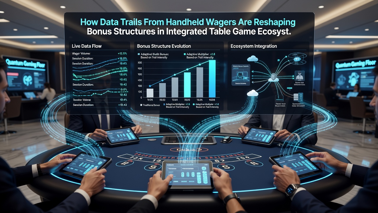 Network diagram showing data flow from mobile devices to centralized bonus engines across table game environments