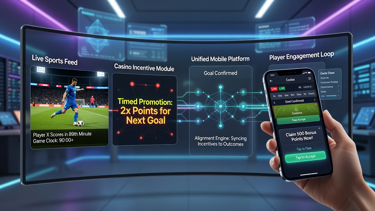 Dashboard view of a unified mobile platform displaying synchronized sports event data and active casino promotion timers