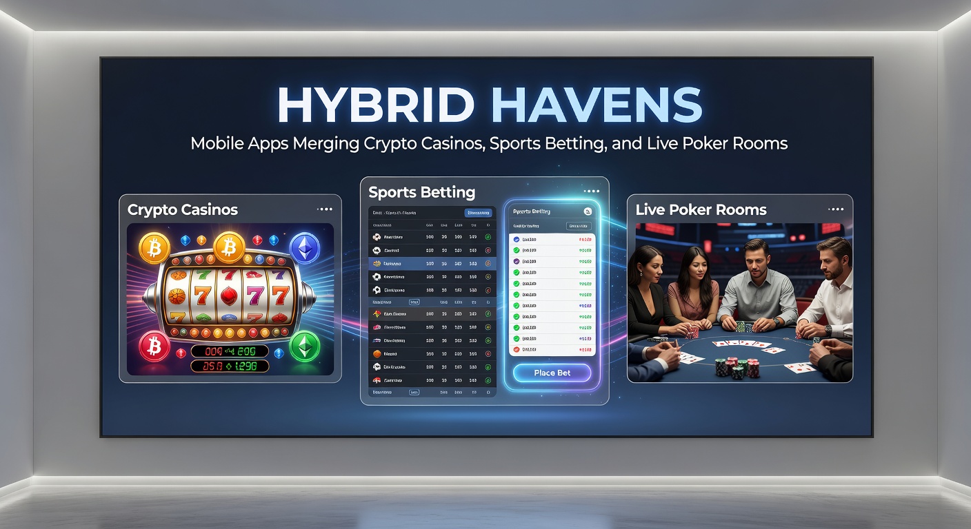Screenshot of a hybrid mobile app interface showing crypto casino slots, sports betting odds, and live poker table in one seamless dashboard