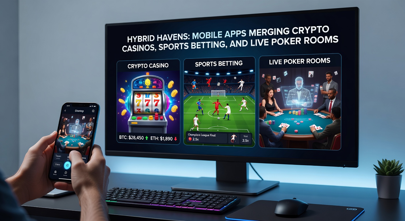Close-up of a smartphone displaying a hybrid app's multi-tab interface: crypto blackjack, soccer betting slips, and live poker lobby with player avatars
