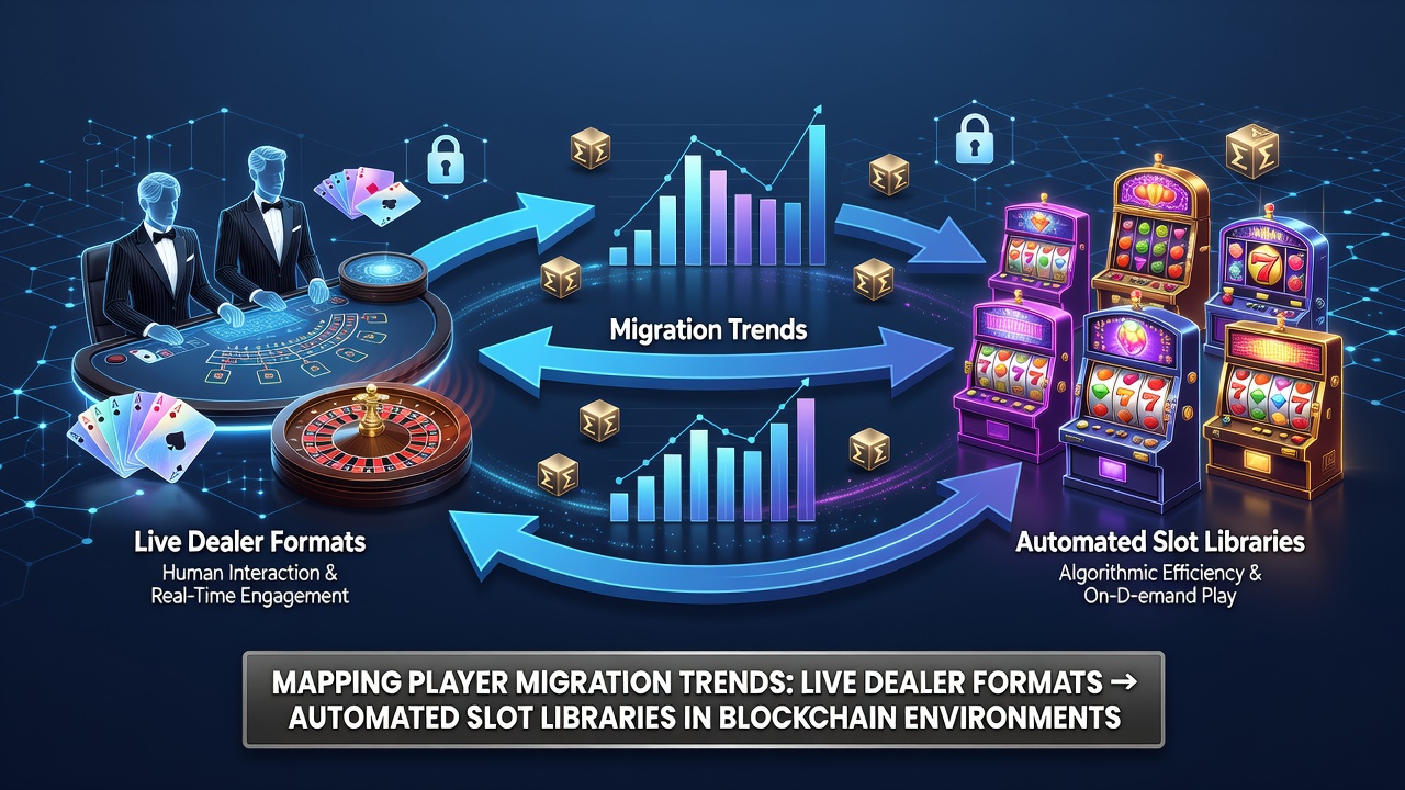 Blockchain casino interface showing live dealer tables transitioning to automated slot libraries with player migration indicators