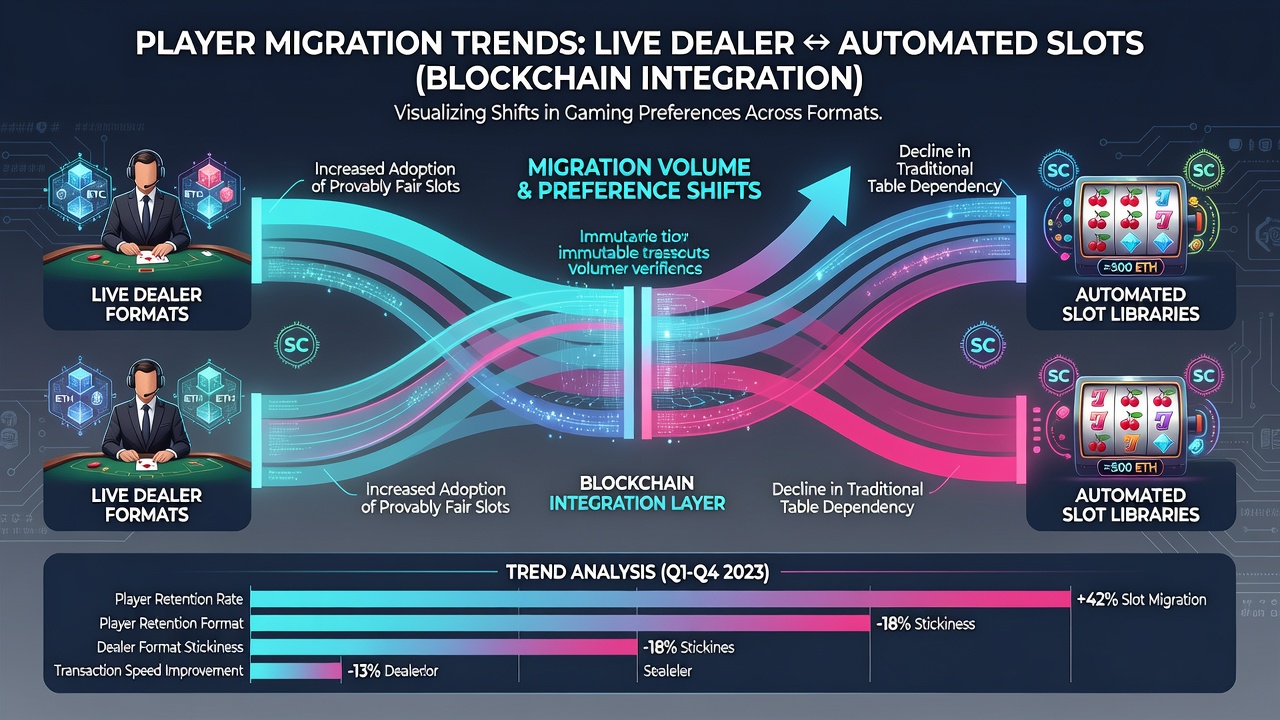 Data visualization of player migration flows between live dealer and slot formats on blockchain platforms