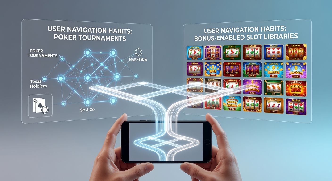 Illustration of mobile device screens showing transitions between poker tournament interfaces and slot game libraries with bonus indicators