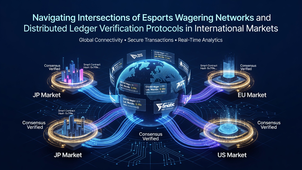 Illustration showing interconnected esports betting platforms and blockchain verification nodes across global networks