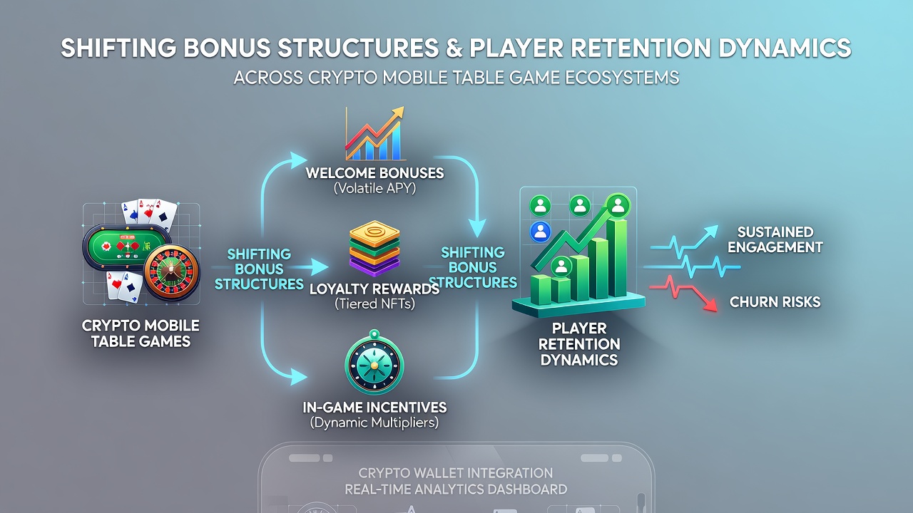 Analytics dashboard showing player retention curves and bonus redemption rates across crypto table game applications