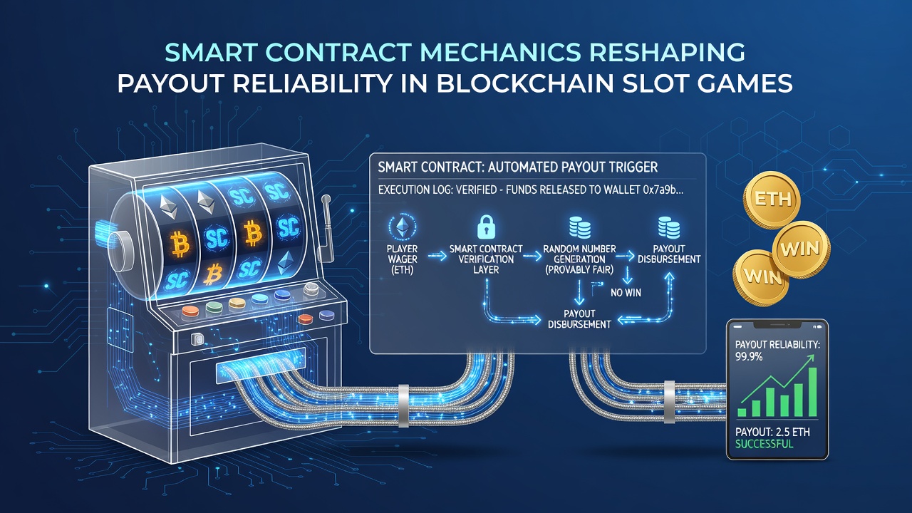 Diagram showing smart contract flow from player bet to automated payout in blockchain slot games
