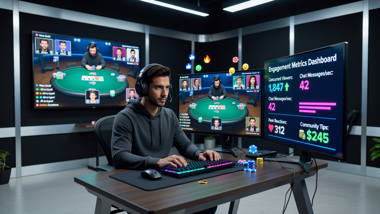 Digital poker stream dashboard displaying real-time viewer counts and chat activity overlays