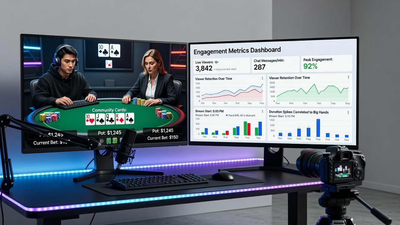 Poker community members interacting via live stream with overlaid statistics and mobile device views